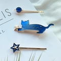 Three-piece set of dark blue star and cat hair clips with golden alloy and enamel finish - Five Star Blue Cat