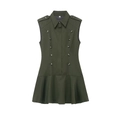 Dark green sleeveless military style mini dress with shoulder pads and double-breasted buttons - S / Olive Green