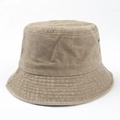 Detailed view of the washed khaki cotton fabric and stitching on a wide brim bucket hat - M (56-58cm) / Khaki