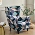 Elastic wingback chair cover with vibrant geometric triangle patterns in blue and pink - Colorful Triangle Geometric