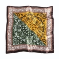 Green and yellow paisley satin square scarf with vintage floral border and silk gloss - Bandana / Green