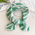 Elegant white cotton linen scarf with green feather leaf pattern and stylish silk knot - Leaf Vein Green