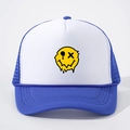 Blauwe en witte truckerpet met gele smeltende smileyprint en mesh achterkant voor heren - Wit/Koningsblauw