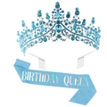 Light blue Birthday Queen sash and silver crown set with blue crystals for birthday parties - Blue Birthday Queen Set