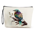 White linen makeup bag featuring colorful kingfisher bird print and black wristlet - Artistic Kingfisher Style (Style 3)