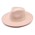 Detail of pink wool fedora hat featuring a white braided decorative band on white background - M (56-58cm) / Pink