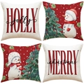 Set of 4 Christmas pillow covers with linen snowmen and holiday tree prints - Red and White Holiday Lettering Style (YMX65) / 4 Pieces/Pack (45x45cm)