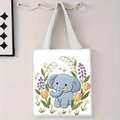 Détail du sac cabas en toile blanche avec motif éléphant bleu et broderies florales - Éléphant avec Fleurs (jiayingstd94)