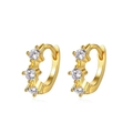 Elegant gold hoop earrings with three sparkling inlaid zircons on a clean white background - Minimalist Three-Stone Hoop-Gold
