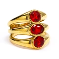 Close-up of three-tier gold-plated ring with three oval red zircons in macro detail - US 6 / Gold with Garnet Red Gemstone