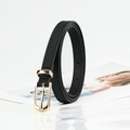 Slim black PU leather belt for women featuring a polished gold buckle and adjustable holes - Black
