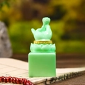 Green faux jade decorative seal featuring carved lotus and golden band ornament - 1223-5 Green Stamp