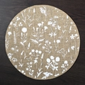 Natural jute round placemat with white plant and butterfly prints on dark wood - 38cm / White Small Floral