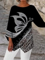 Top negro de manga larga para mujer con mariposa plateada y dobladillo asimétrico - S / Tops / Negro con mariposa plateada