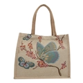 Borsa tote etnica in lino vintage con ricamo di farfalla turchese e fiori rosa - Farfalla