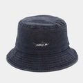 Close-up of shark embroidery on washed denim bucket hat with metal air vents - M (56-58cm) / Navy Blue