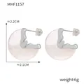 Minimalist C-shaped silver earrings with white translucent matte resin discs - F1157 Steel Color Hoop