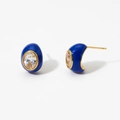Detail of French vintage gold teardrop earrings with blue enamel and clear zircon gemstone - Dark Blue Style (D2994)