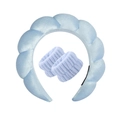 Close-up of light blue braided sponge headband and matching soft towel wristbands - Velvet Blue Headband + 2 Wristbands