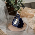 Dark blue velvet wedding candy bag with leather handle, gold ribbon, and pearl charm - Royal Blue with Pearl Tag