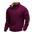 Men's burgundy half-zip sweatshirt featuring camel elbow patches and a stand collar - S / Burgundy