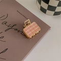 Detailed view of pink checkered suitcase-shaped hair claw clip with golden metal frame - Pink Plaid - Square