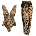 Damen Badeanzug mit V-Ausschnitt und passendem Wickelrock in Zebra-Muschel-Druck mit Goldschnalle - S / Bedrucktes Set