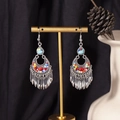 Bohemian silver tassel drop earrings with vibrant multi-color beads on display stand - S4287 Colorful Seed Bead Tassel Earrings