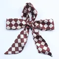 Elegant checkerboard pattern satin silk ribbon hair scarf tied in a bow shape - S76-Brown White Checkerboard