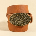 Bruine vintage leren riem met gesneden bronzen ovale gesp op een beige ondergrond - Stijl 19692 / Klein (101cm) / Brons Camel