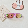 Detail view of pink Y2K kids sports sunglasses with futuristic mirrored lenses and sleek frame - Purple Frame Color Lens