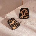 Retro faux leather leopard print trapezoid stud earrings for women in matte black frame - Leopard Leather Trapezoid Style