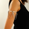 Silver armlet featuring layered chains and cross charms worn on model's upper arm - Silver Tassel Cross Style (A-1227)