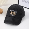 Vintage black washed denim baseball cap with NYC embroidery and distressed details - Black