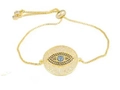 Adjustable gold evil eye bracelet with cubic zirconia heart and sliding ball clasp - Gold Round Pendant