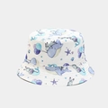 Close-up of cute cartoon whale and bunny prints on a white cotton bucket hat for kids - Rabbit Whale Cartoon Print