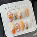 Uñas postizas artesanales con degradado melocotón y flores 3D en tarjeta de muestra - Grande (L) / Flor de Rosa para Niña