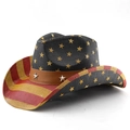Close-up of US flag western cowboy hat with golden stars and silver star studs on leather band - M (56-58cm) / Black Base Gold Star Red Yellow Striped Leather Decor Style (07)