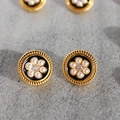 Vintage gold plated enamel flower earrings with pearls and zircon in black and white finish - Style 3-Black