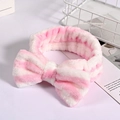 Pink and white striped plush headband with large bow for face washing and makeup - Pink White Stripes