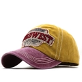 Detail of vintage washed baseball cap featuring patchwork embroidery and distressed edges - Adjustable Free Size / Yellow