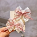 Pink satin and floral lace bow hair clips for girls, set of two sweet hair accessories - Korean Pink Lace Bow Pair