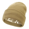 Detail view of khaki knit beanie featuring smooth satin lining for hair protection - Khaki