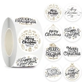 Rouleau d'autocollants de Noël ronds aux motifs dorés et noirs pour emballages cadeaux - Fond Blanc Style B