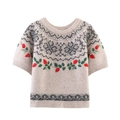Vintage Kurzarm-Strickpullover mit Fair-Isle-Muster und roter Blumenstickerei - S / Haferflockenfarbe