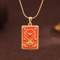 Vintage gold square tarot necklace with red enamel heart and lotus pendant - Red (X6072OG)