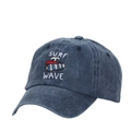 Navy blue washed denim baseball cap featuring SURF WAVE embroidery and a surfboard pattern - Navy Blue