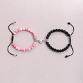 Magnetic couples bracelets with pink howlite, black matte beads and silver heart charm - Pink Vein Stone + Matte Black / 2Pcs/Set