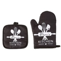 Thickened black kitchen oven mitt and pot holder set with Mimi's Kitchen print - Black/Mimi's Kitchen