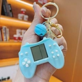 Light blue retro mini game console keychain with golden lobster clasp and blue bell - Blue Controller Style Game Console